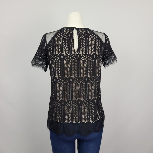 DEX Nude Black Lace Short Sleeve Top Size M - Picture 11 of 14